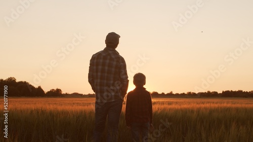 Fotografie, Obraz Farmer and his son in front of a sunset agricultural landscape