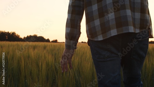 Farmer in front of a sunset agricultural landscape. Man in a countryside field. Country life, food production, farming and country lifestyle concept.