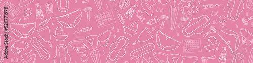 Women hygiene seamles pattern. Ladies doodles on pink background. Vector illustration.