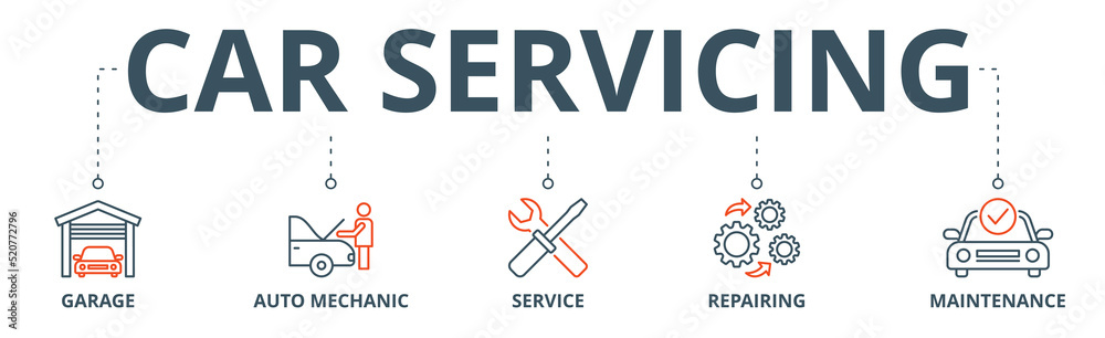 Car servicing banner web icon vector illustration concept with icon of garage, auto mechanic, service, repairing and maintenace Car servicing banner web icon vector illustration concept with icon of garage, auto mechanic, service, repairing and maintenace