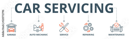 Car servicing banner web icon vector illustration concept with icon of garage, auto mechanic, service, repairing and maintenace