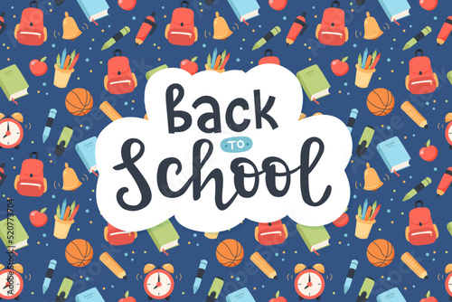 Back to school background with supplies and handwritten calligraphy for children. Cute colorful vector illustration