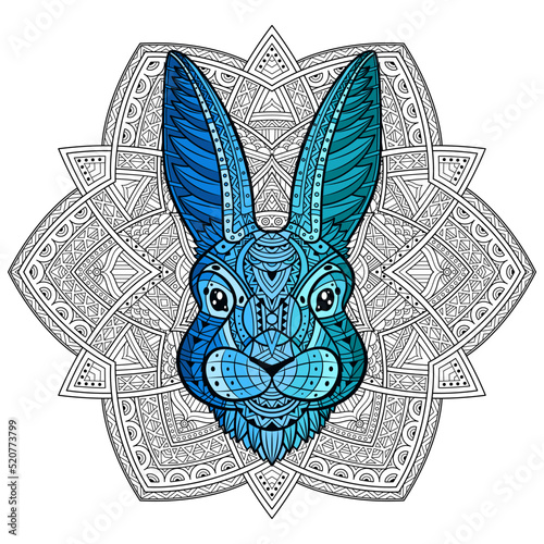 Rabbit head line art coloring. Hare bunny portrait. Line Art. Blue-green rabbit. Animal head on a patterned background. Hand-drawn with ethnic floral pattern. Boho, doodle style. Vector illustration. 