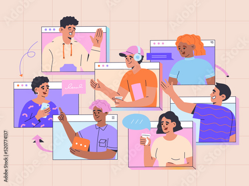 Online video call. Web communication, virtual conference. Group of men and women have business or friend meeting. Hand drawn color vector illustration isolated on light background, flat cartoon style