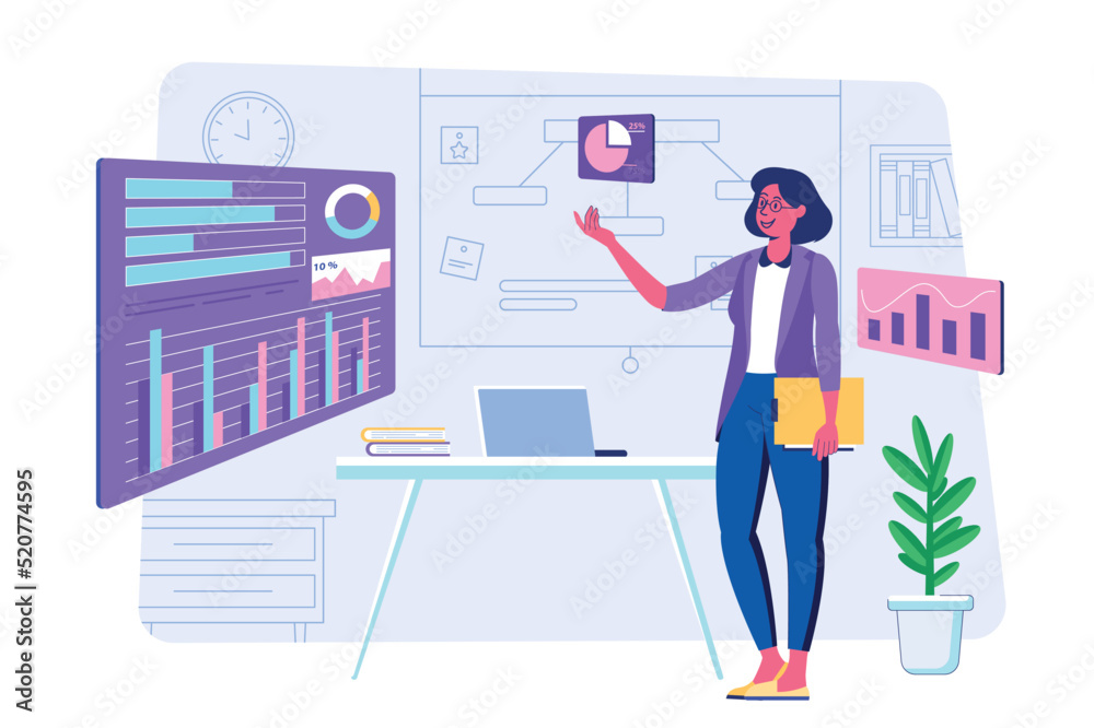 Data analysis concept with people scene for web. Woman works with data on dashboards, explores statistics on graphs and charts, makes financial reports. Vector illustration in flat perspective design Data analysis concept with people scene for web. Woman works with data on dashboards, explores statistics on graphs and charts, makes financial reports. Vector illustration in flat perspective design