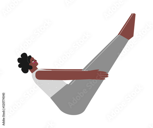 Vector isolated illustration with flat female character. Strong african american woman learns posture Paripurna Navasana at yoga class. Fitness exercise - Boat Pose