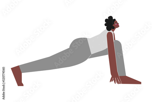 Vector isolated illustration with flat female african american character. Sportive woman learns Standing posture at yoga class. Fitness exercise - High Lunge