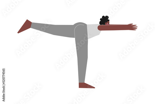 Vector isolated illustration with flat female character. Sportive african american woman learns Balancing posture Virabhadrasana III at yoga class. Fitness exercise - Warrior 3