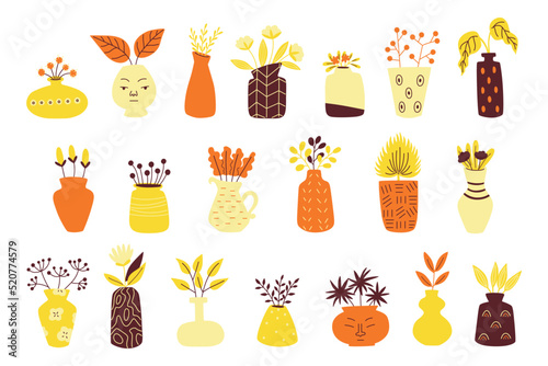 Set of hand drawn vases with flowers and plants on white background. 