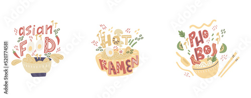 Hand drawn ramen noodle in bowl and soup. Vector lettering illustration.
