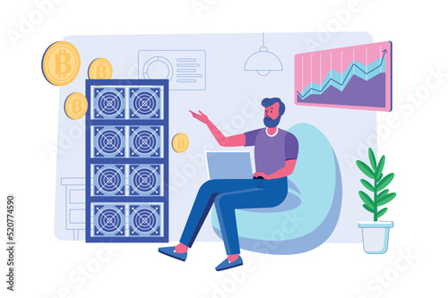 Cryptocurrency mining concept with people scene for web. Man creates crypto farm and analyzes exchanges, mines bitcoins and sells on marketplaces. Vector illustration in flat perspective design