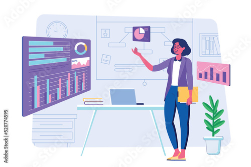Data analysis concept with people scene for web. Woman works with data on dashboards, explores statistics on graphs and charts, makes financial reports. Vector illustration in flat perspective design