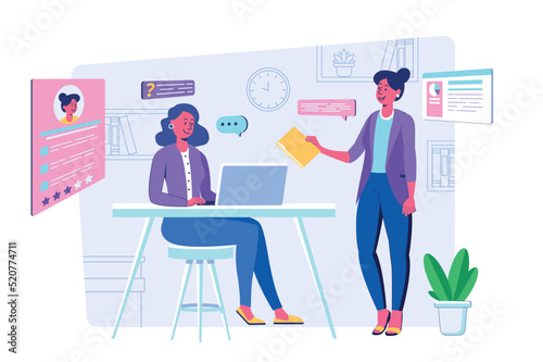Employee hiring process concept with people scene for web. Woman submits resume for open vacancy. HR manager selects candidate and interviews at meeting. Vector illustration in flat perspective design