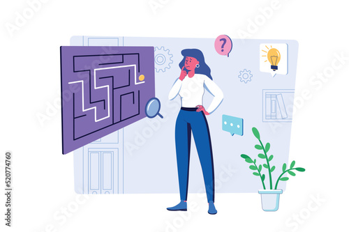 Finding solution concept with people scene for web. Woman thinking and finding way through maze, problem solving, brainstorming and creating new ideas. Vector illustration in flat perspective design