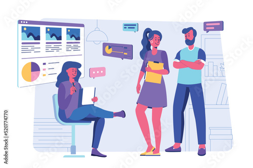 Focus group concept with people scene for web. Women and men working in team at business meeting, discussing and making marketing research of audience. Vector illustration in flat perspective design