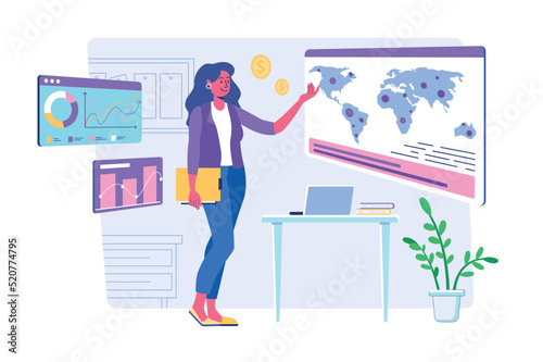 Global economic concept with people scene for web. Woman researching market and analysis business trends, developing international company and investing. Vector illustration in flat perspective design