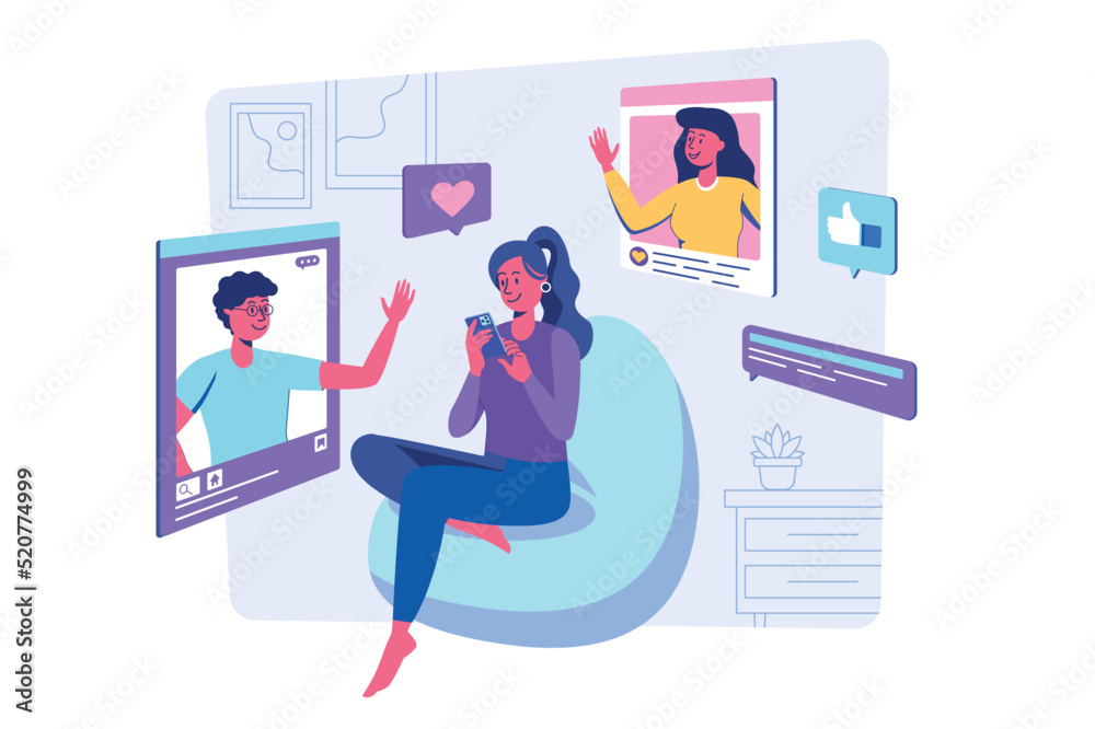 Social network concept with people scene for web. Woman surfing webpages and online blogs, scrolling feeds, likes and comments posts with friends photo. Vector illustration in flat perspective design Social network concept with people scene for web. Woman surfing webpages and online blogs, scrolling feeds, likes and comments posts with friends photo. Vector illustration in flat perspective design