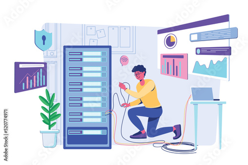 Server maintenance concept with people scene for web. Man making computer repair, upkeep servers, adjusting network with cables at server racks room. Vector illustration in flat perspective design