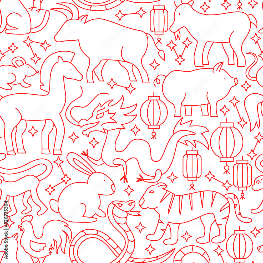Obraz premium Chinese Zodiac Line Seamless Pattern. Vector Illustration of Outline Background.