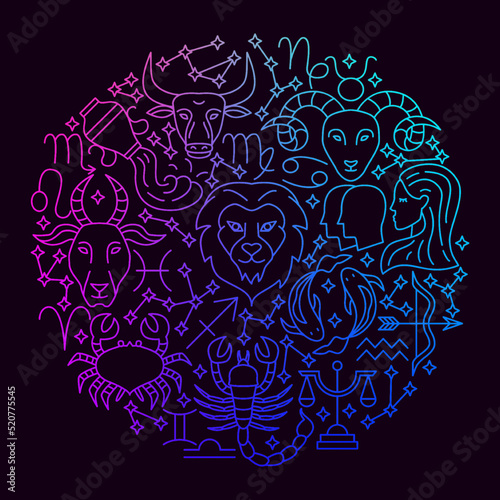 Zodiac Icon Circle Concept. Vector Illustration of Outline Design.