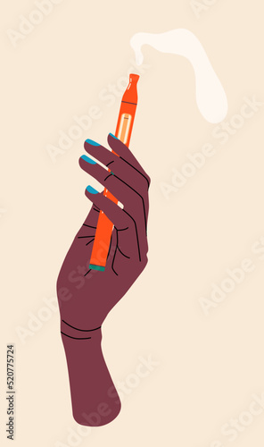 Hand holding vape, colorful illustration. Electronic cigarettes and vape concept. Modern vector illustration. Variety of designs vape pens and pod mods. Flat vector design for web.