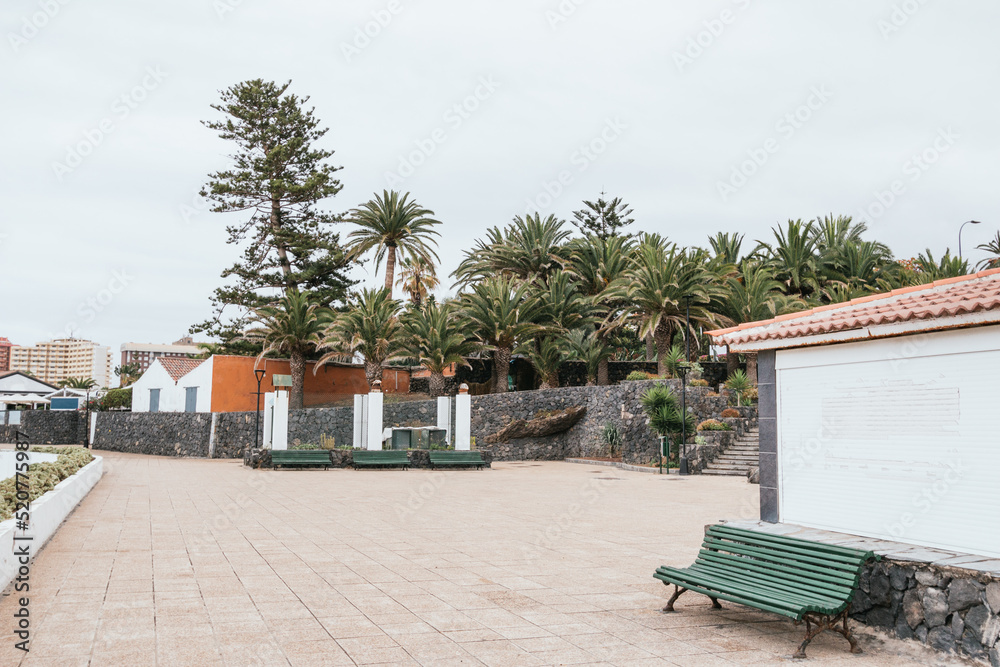 Puerto de la Cruz, Tenerife, Canary Island, Spain with a beautiful nature and view of palm trees, black beach, atlantic ocean and cloudy sky