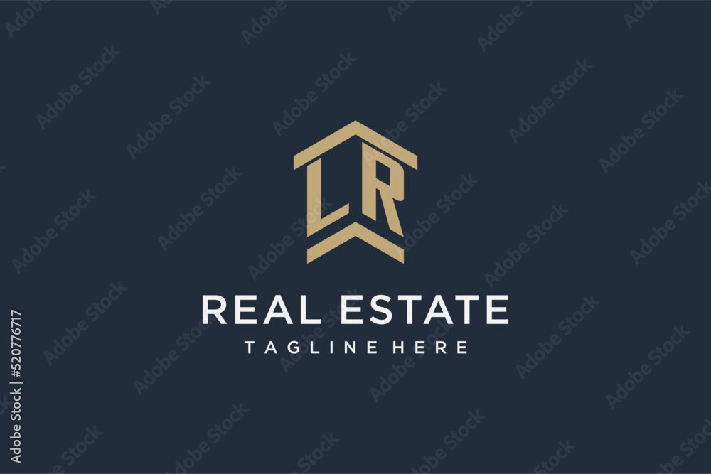 Initial LR logo for real estate with simple and creative house roof