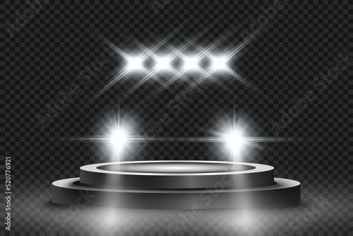 	
Realistic white glow round beams of car headlights, isolated on transparent background. Police car. Light from headlights. Police patrol.