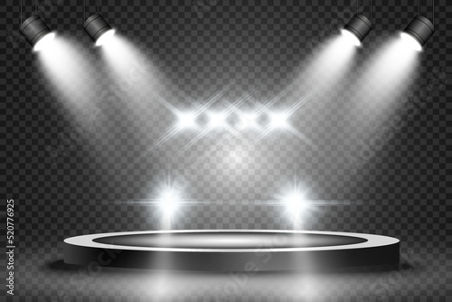 	
Realistic white glow round beams of car headlights, isolated on transparent background. Police car. Light from headlights. Police patrol.