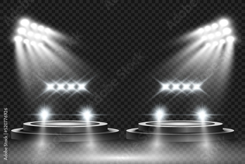 	
Realistic white glow round beams of car headlights, isolated on transparent background. Police car. Light from headlights. Police patrol.