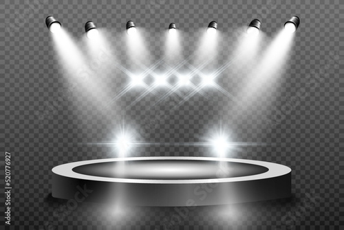 	
Realistic white glow round beams of car headlights, isolated on transparent background. Police car. Light from headlights. Police patrol.