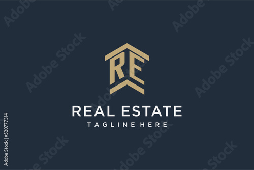 Initial RE logo for real estate with simple and creative house roof icon logo design ideas