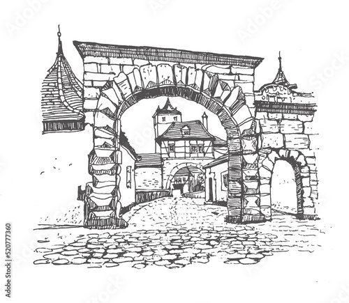 Sketch of Rothenburg ob der Tauber, Bavaria, Germany. Medieval building line art. Freehand drawing. Hand drawn travel postcard. Hand drawing. Urban sketch in black color on white background. photo