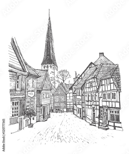 Travel sketch of Hattingen, Germany. Medieval building line art. Freehand drawing. Hand drawn travel postcard. Hand drawing of Hattingen. Urban sketch in black color isolated on white background. photo
