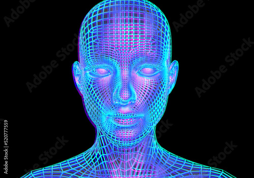 3d portrait of a man with glitch effect. Cyberpunk style. Conceptual image of artificial intelligence.Virtual reality. Deep Learning and Face recognition systems.