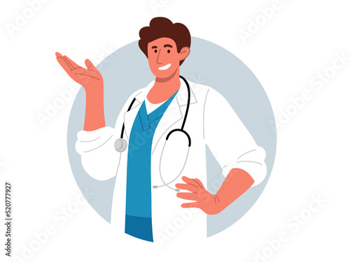 Smiling doctor with stethoscope showing something.Vector illustration