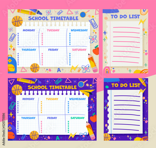 School timetable templates with to-do list. In two colors, beige and purple. Size A4. Vector illustration. Perfect for both boys and girls.