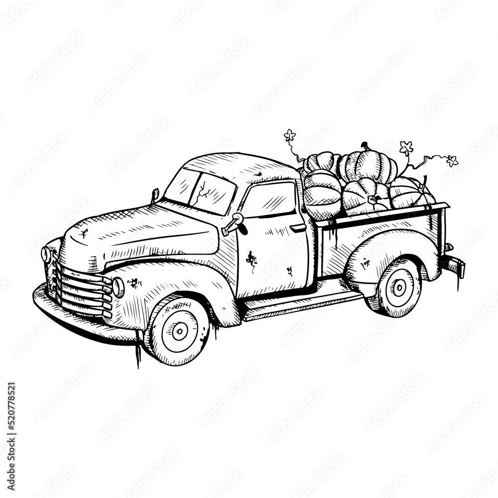 Pumpkin truck. Vector illustration isolated on a white background. Hand-drawn style.