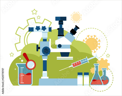 Laboratory and medical research. The concept of science, chemistry, medicine and knowledge. Research concept. Workspace concept with flat design.