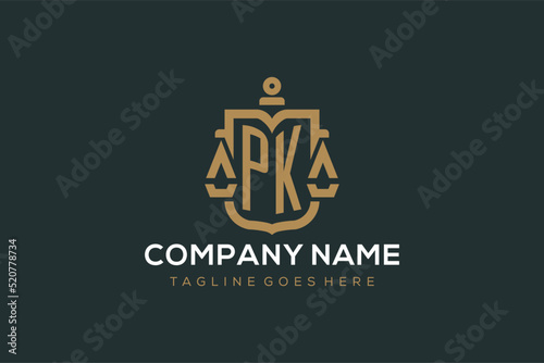Initial PK logo for law firm with luxury modern scale and shield icon logo design