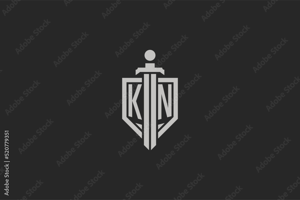 Letter KN logo with shield and sword icon design in geometric style ...