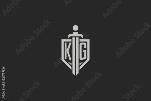 Letter KG logo with shield and sword icon design in geometric style