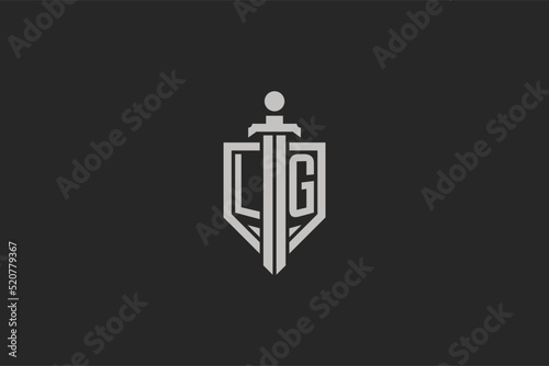 Letter LG logo with shield and sword icon design in geometric style