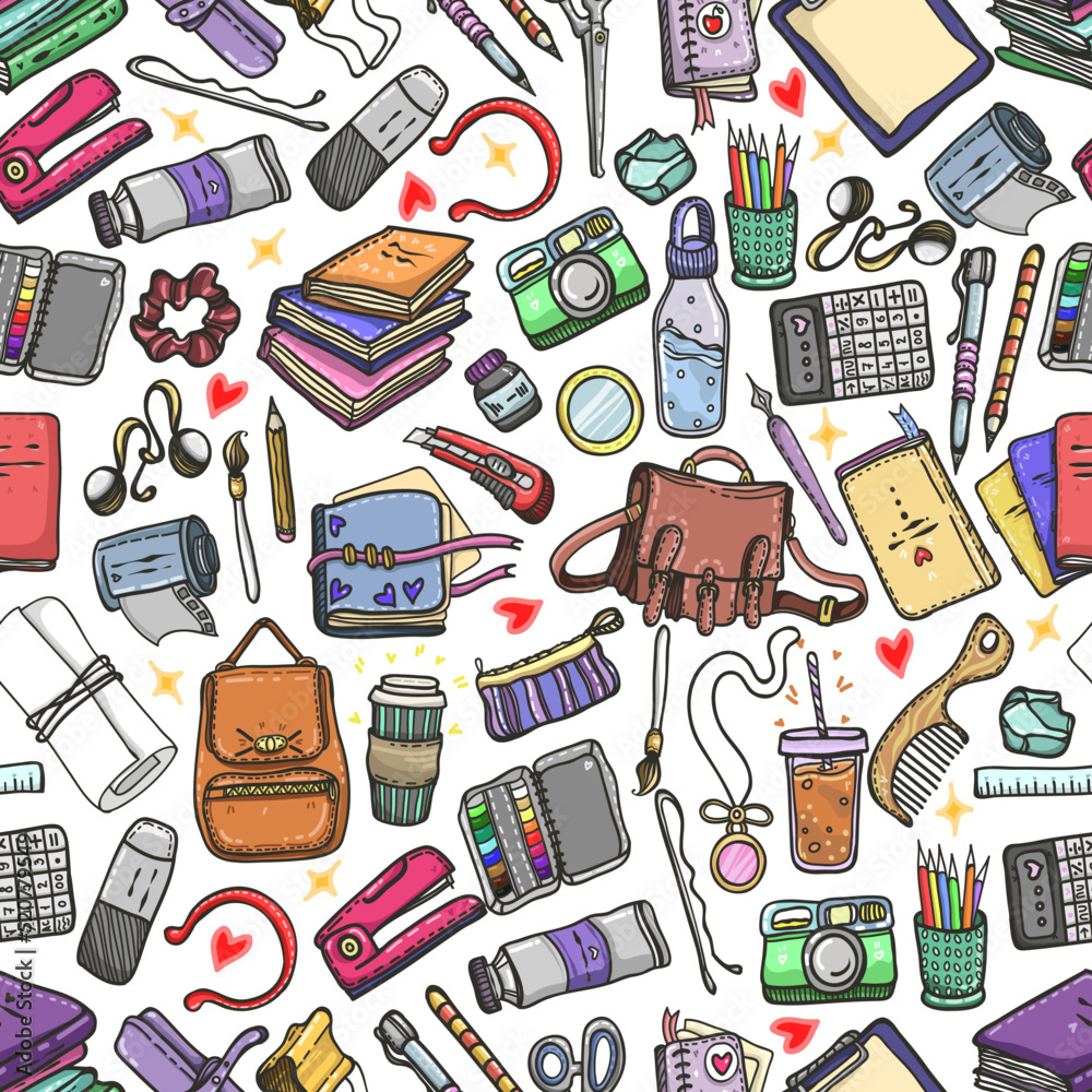 Vector fashion illustration. Back to school, various school supplies, artistic tools, stickers, set, handmade, light  background, seamless pattern