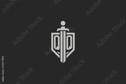 Letter QQ logo with shield and sword icon design in geometric style