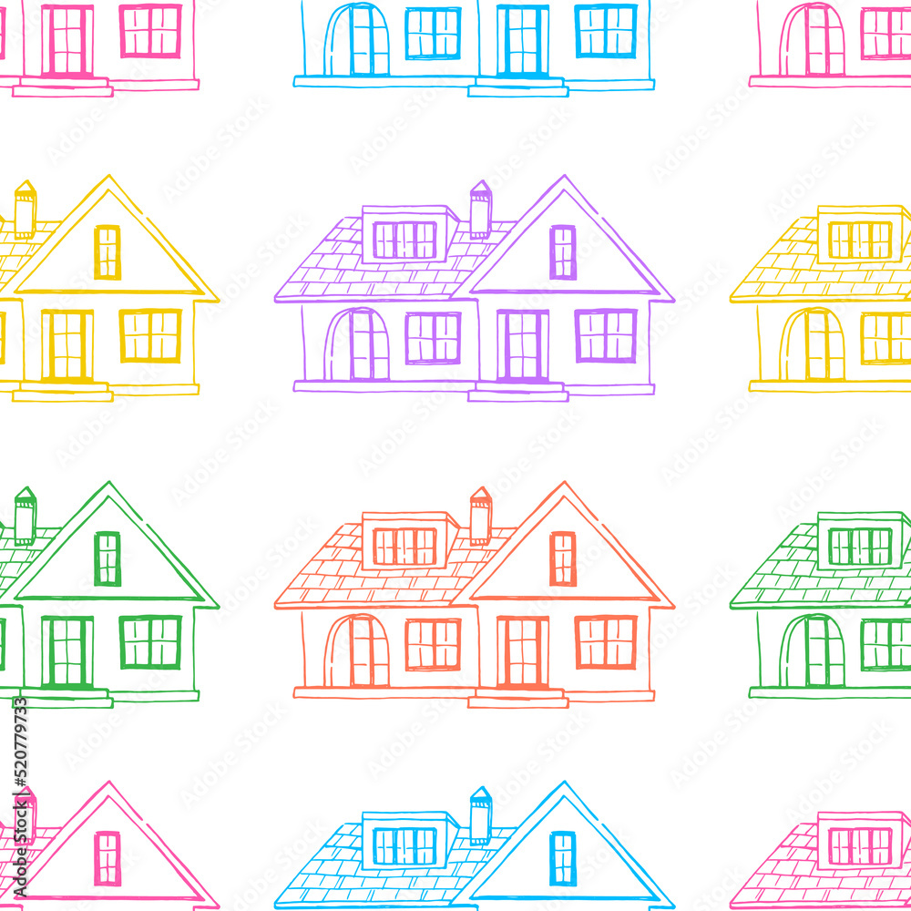 Seamless Pattern of colorful Houses illustration on isolated white background