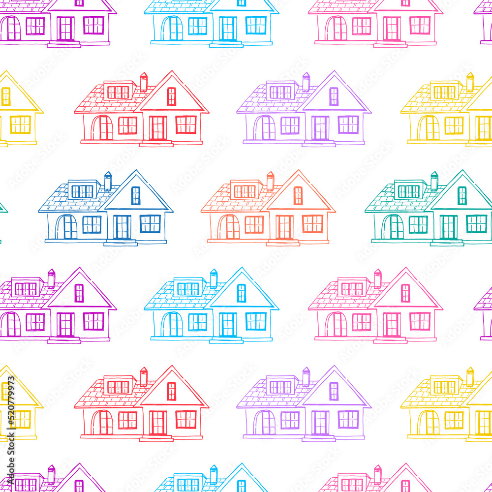 Seamless Pattern of colorful Houses illustration on isolated background