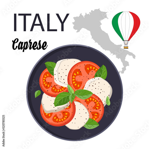 Caprese salad, Italian cuisine, vegetarian food. Decoration for the restaurant menu. vector image