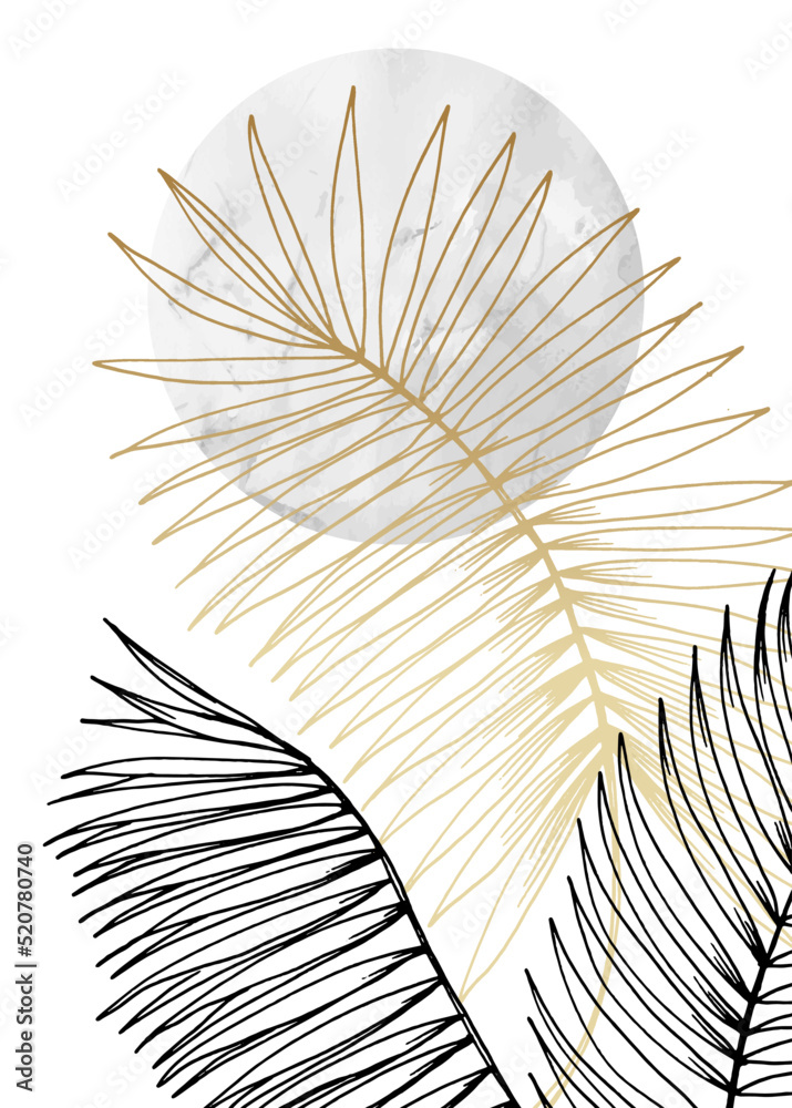 Fototapeta premium Tropical leaves Abstract Hand Painted Illustrations for Wall Decoration, Postcard, Social Media Banner, Brochure Cover Design Background. Modern Abstract Painting Artwork. Vector Pattern