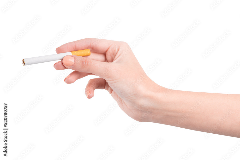 female hand holding a smoking cigarette on a white background. harm from smoking cigarettes. female hand holding a smoking cigarette on a white background. harm from smoking cigarettes.